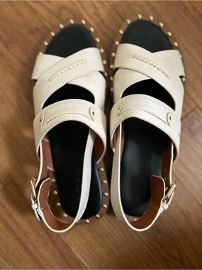 Coach Ivory Leather Studded Slingback Sandals with Black Footbed